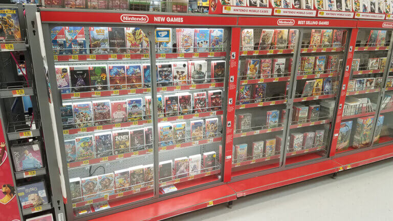 Lighted shelf displaying merchandise