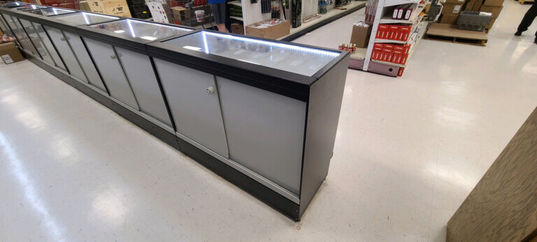 Secure showcase displaying lock on cabinet door