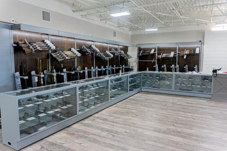 Showcase displaying secured merchandise in retail space