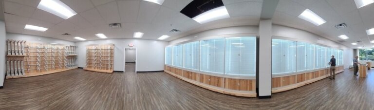 Empty showroom with glass shelves