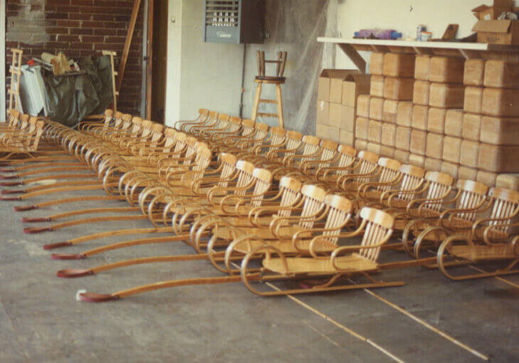 Mass Produced Sleds Mass-produced wooden sleds in a shop